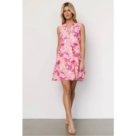 Baltic Born Pink Floral Abstract Cami Short Linen Blend Dress Size M New W/ Tag - Picture 1 of 11